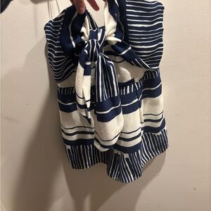 Lulu's Blue and White Strapless Jumpsuit with Tie Front